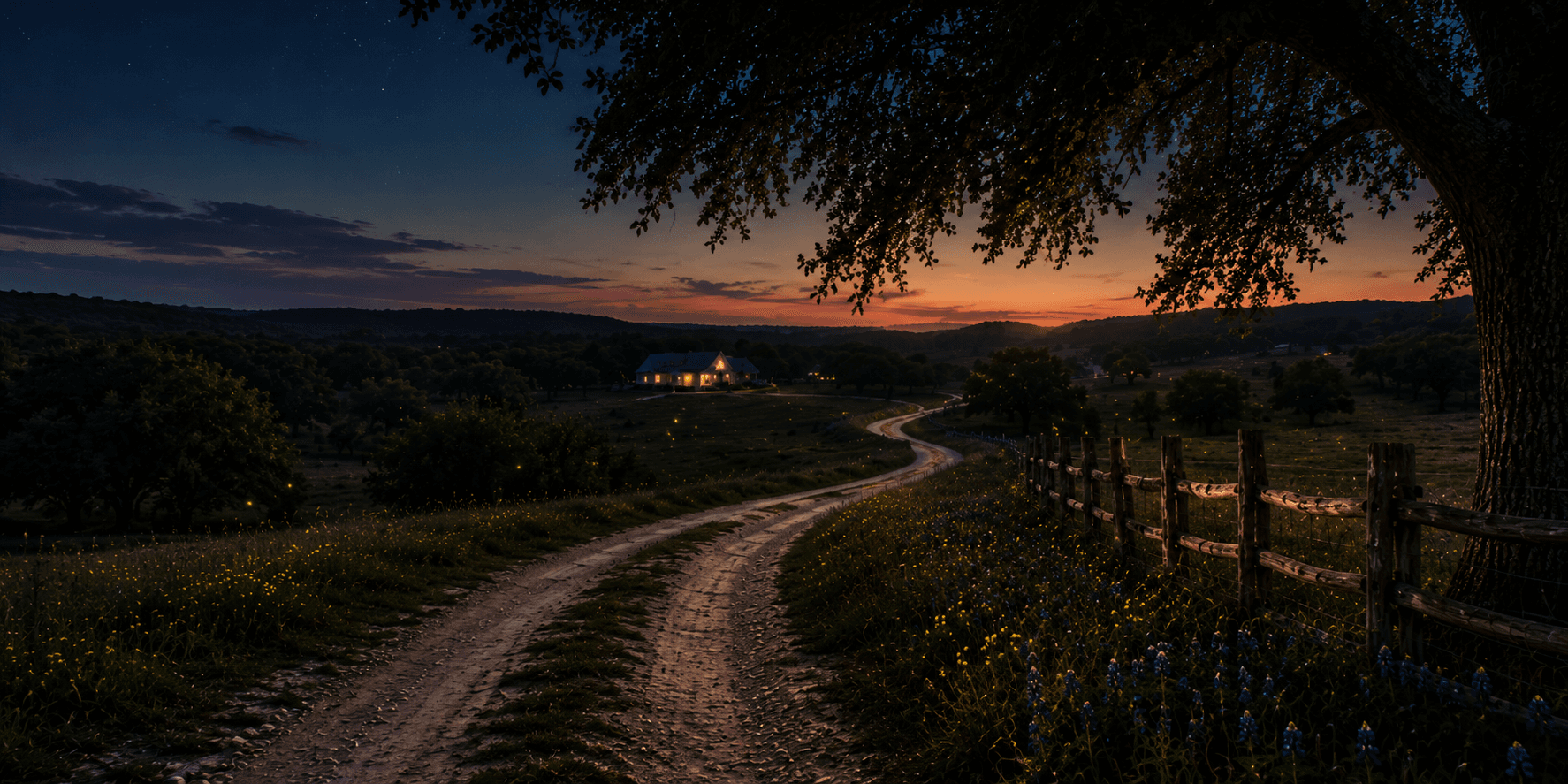 A lit path through Texas fields at dusk