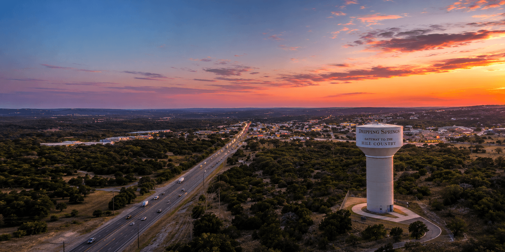 Aerial view of Dripping Springs, Texas at sunset