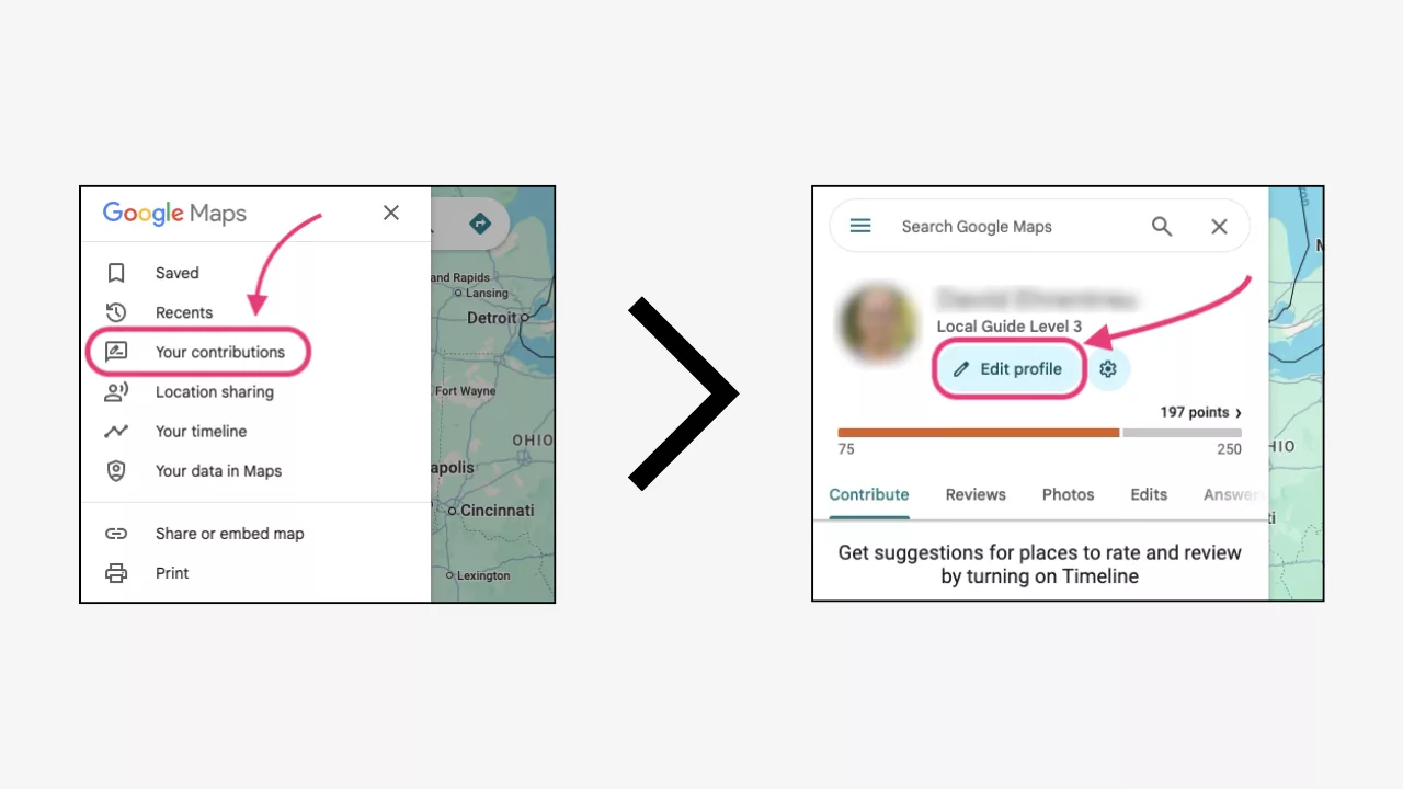 Google Maps menu open to Your contributions, with Edit profile highlighted