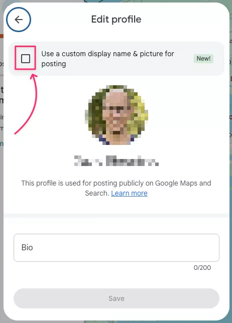 Google Maps edit profile screen showing the custom display name and picture checkbox