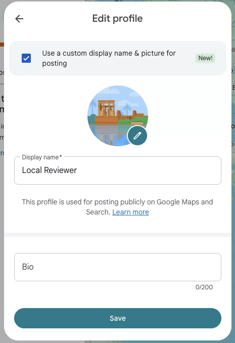 Google Maps screen for entering a custom display name and picture