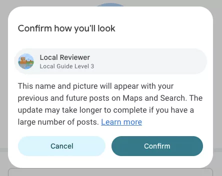 Google Maps confirmation dialog for the new display name