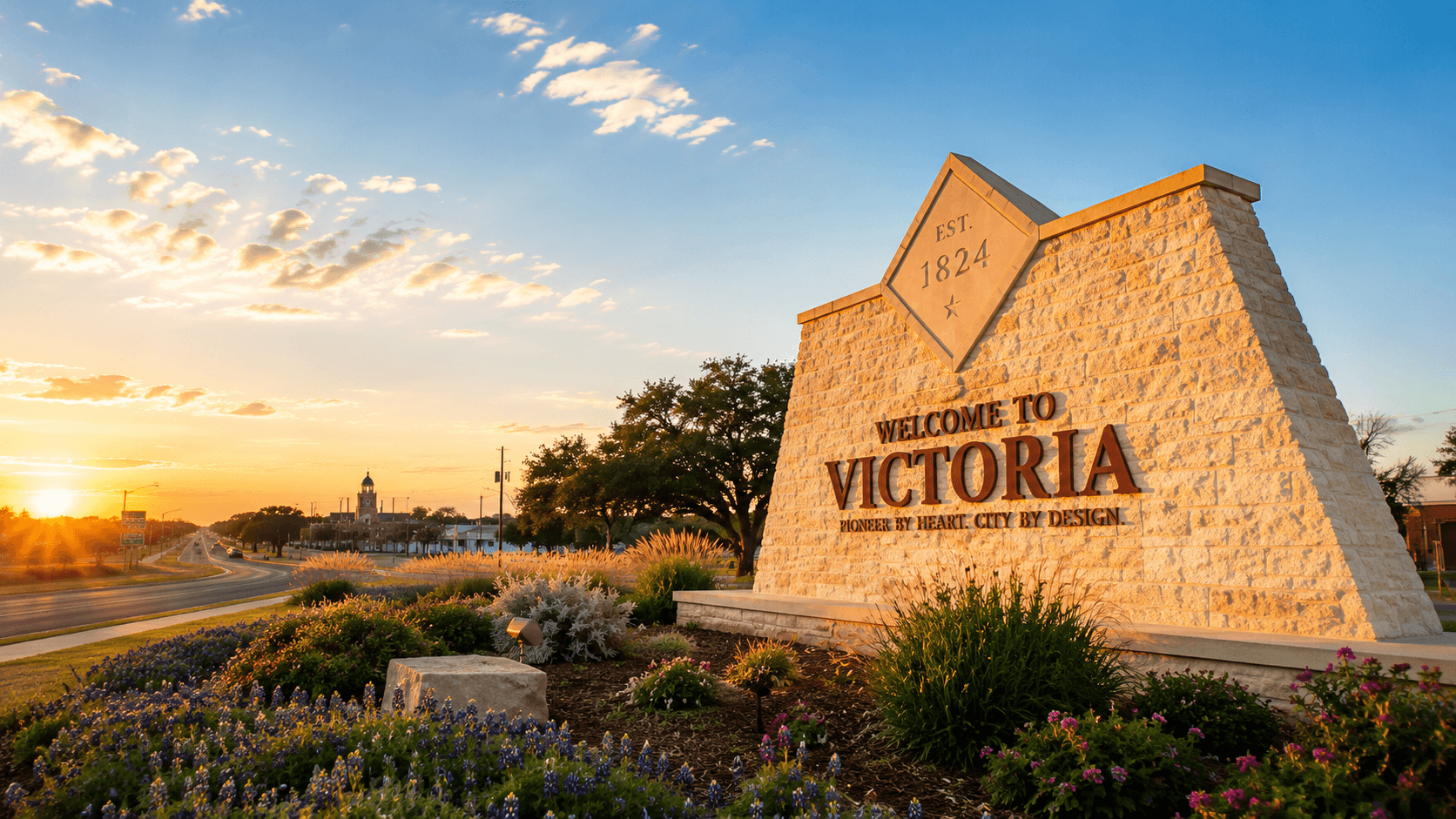 Welcome to Victoria, Texas sign at sunrise